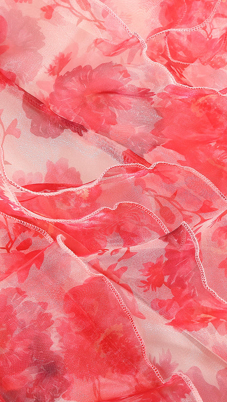 BELINDA RED FLORAL VERTICAL RUFFLE TRIM MAXI DRESS