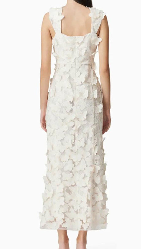 SQUARE NECKLINE 3D FLOWER EMBROIDERY GOWN IN WHITE