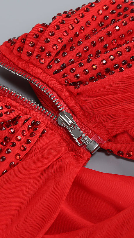 SLINKY MESH LONG SLEEVE MAXI DRESS IN RUBY