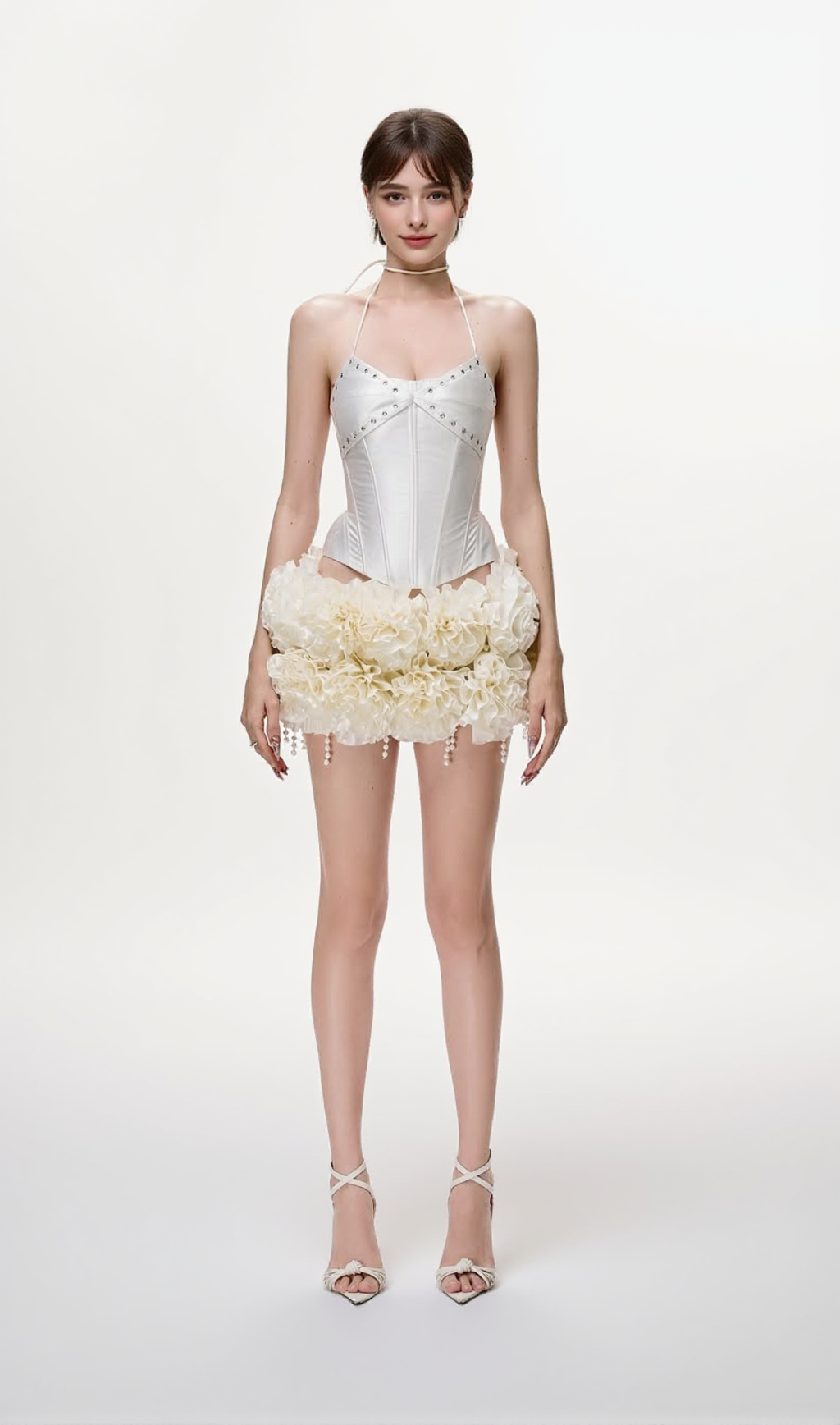Orsolya Floral Pearl Corset Two Piece Set in Ivory