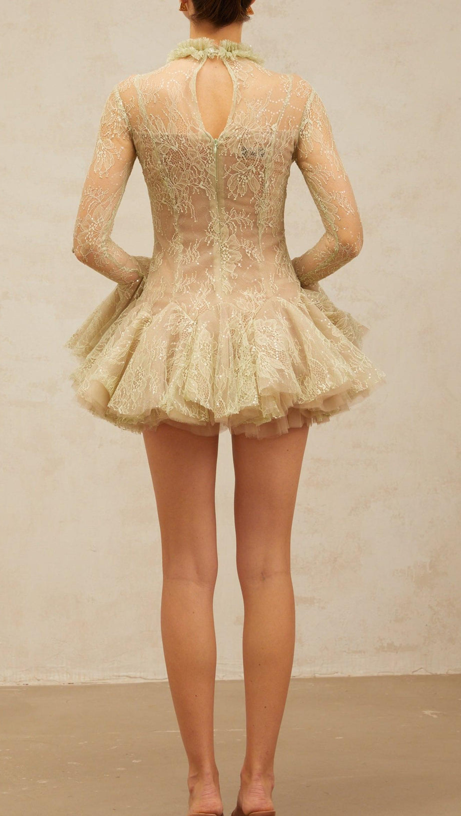 GREEN EMBROIDERED FLARED MINI DRESS