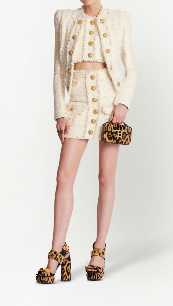 AIIZIE LION BUTTON FRINGED TWEED STAND COLLAR JACKET - product image