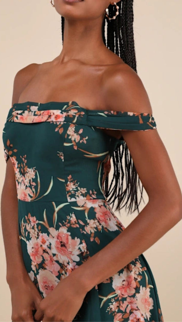 AIIZIE EMERALD GREEN FLORAL OFF-THE-SHOULDER MAXI DRESS - product image