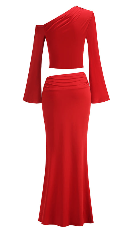 SLANT COLLAR HIGH WAIST SLIM LONG SKIRT RED SUIT