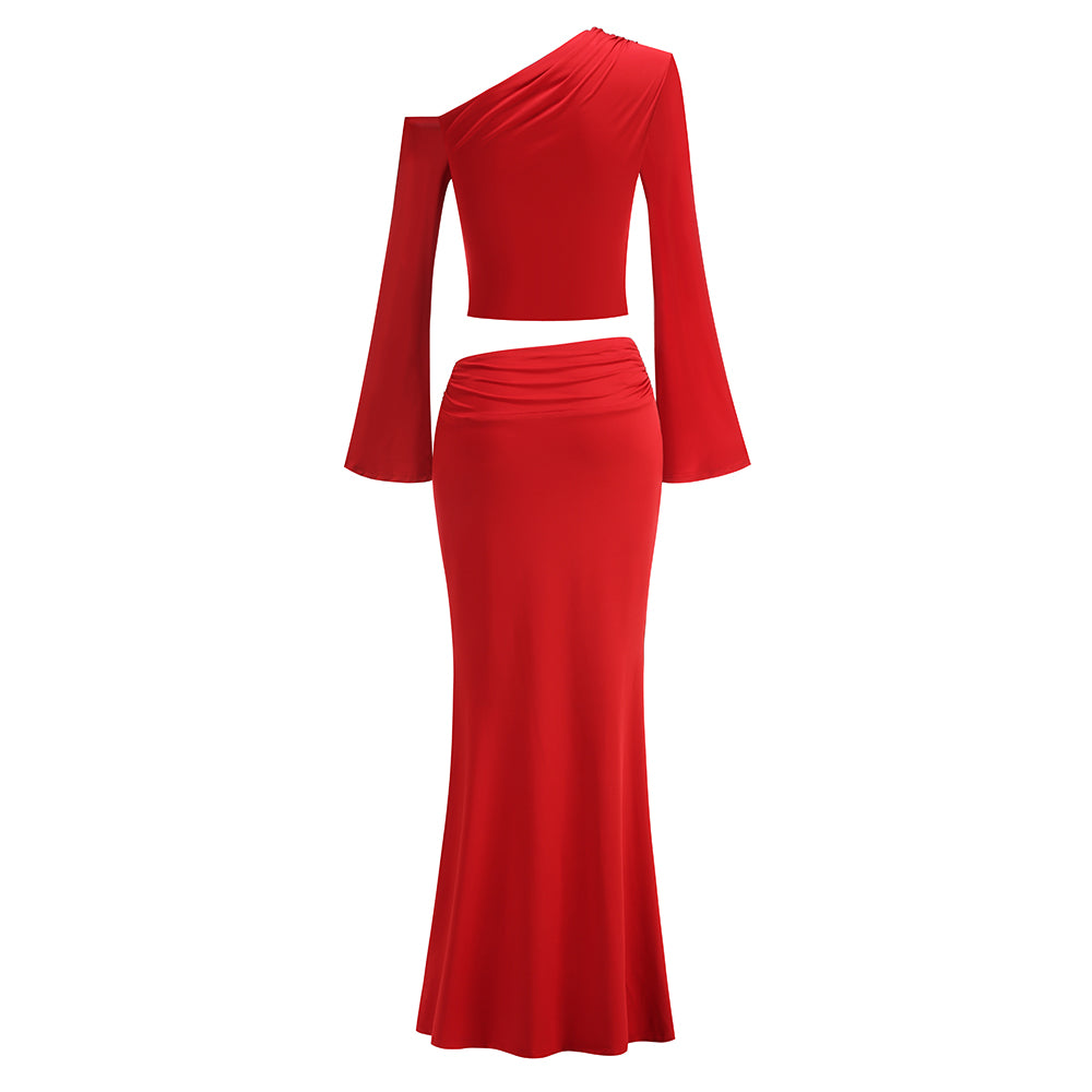AIIZIE SLANT COLLAR HIGH WAIST SLIM LONG SKIRT RED SUIT - product image