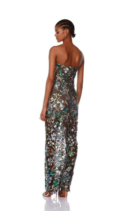 STRAPLESS DAHLIA SEQUINS EMBROIDERED MAXI DRESS GREEN