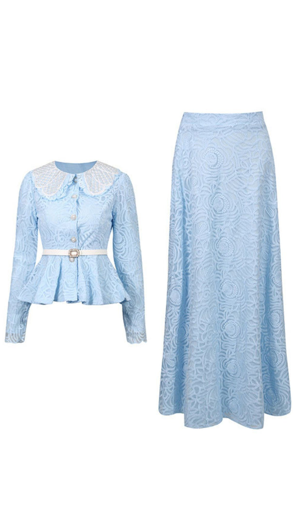 AIIZIE ILONA BLUE ELEGANT FLORAL LACE PEPLUM TWO-PIECE SKIRT SET - product image