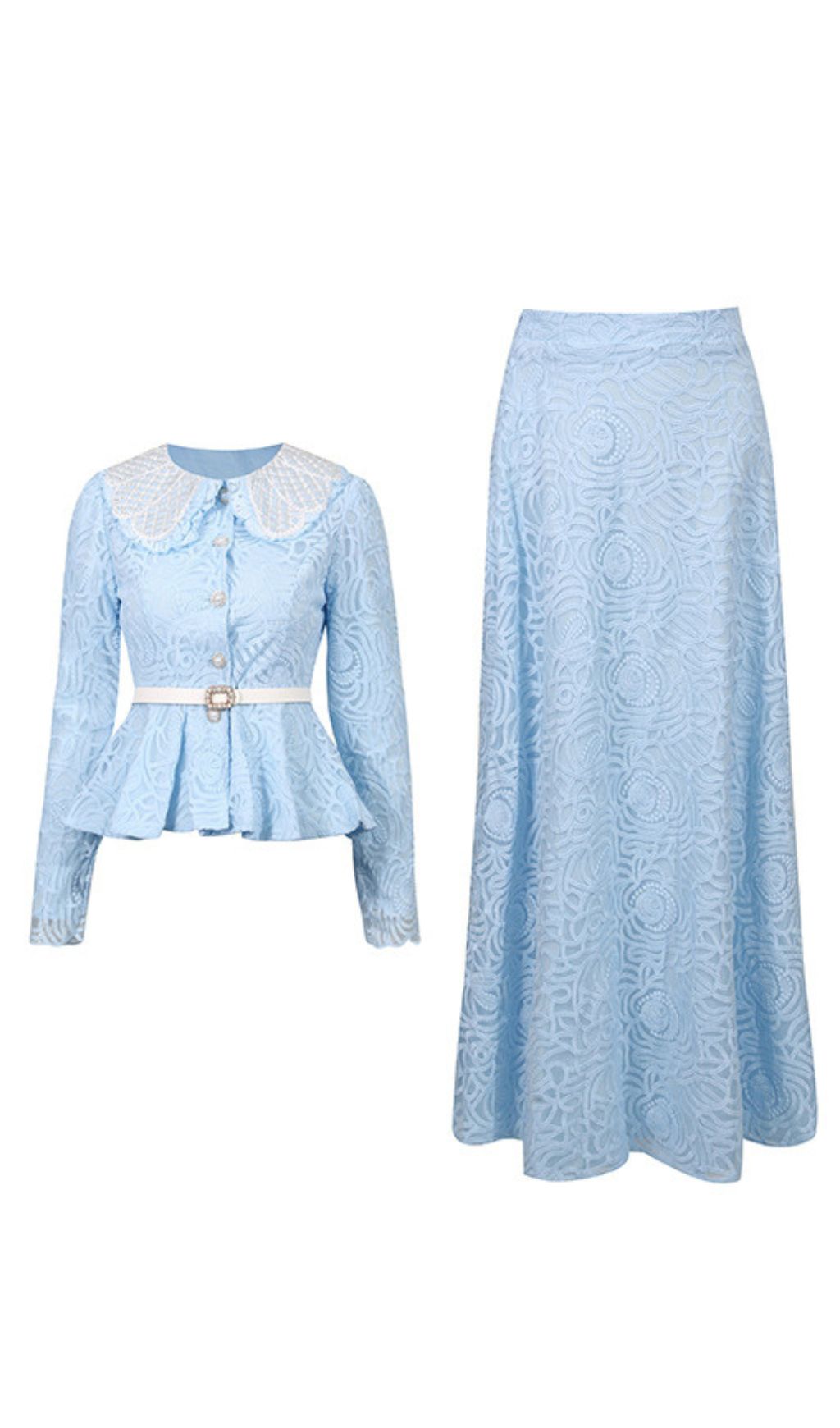 ILONA BLUE ELEGANT FLORAL LACE PEPLUM TWO-PIECE SKIRT SET