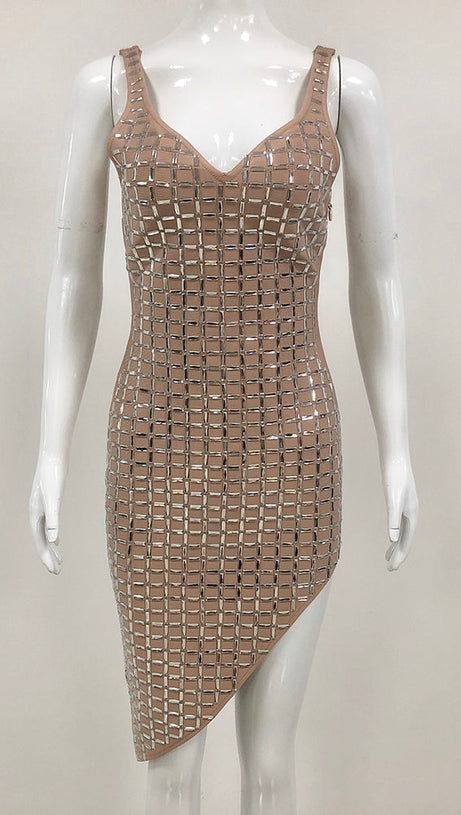 SEQUIN-EMBELLISHED SLIT MIDI DRESS IN APRICOT