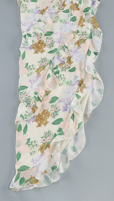 ASYMMETRICAL RUFFLED FLORAL DRAPED MAXI DRESS IN BEIGE