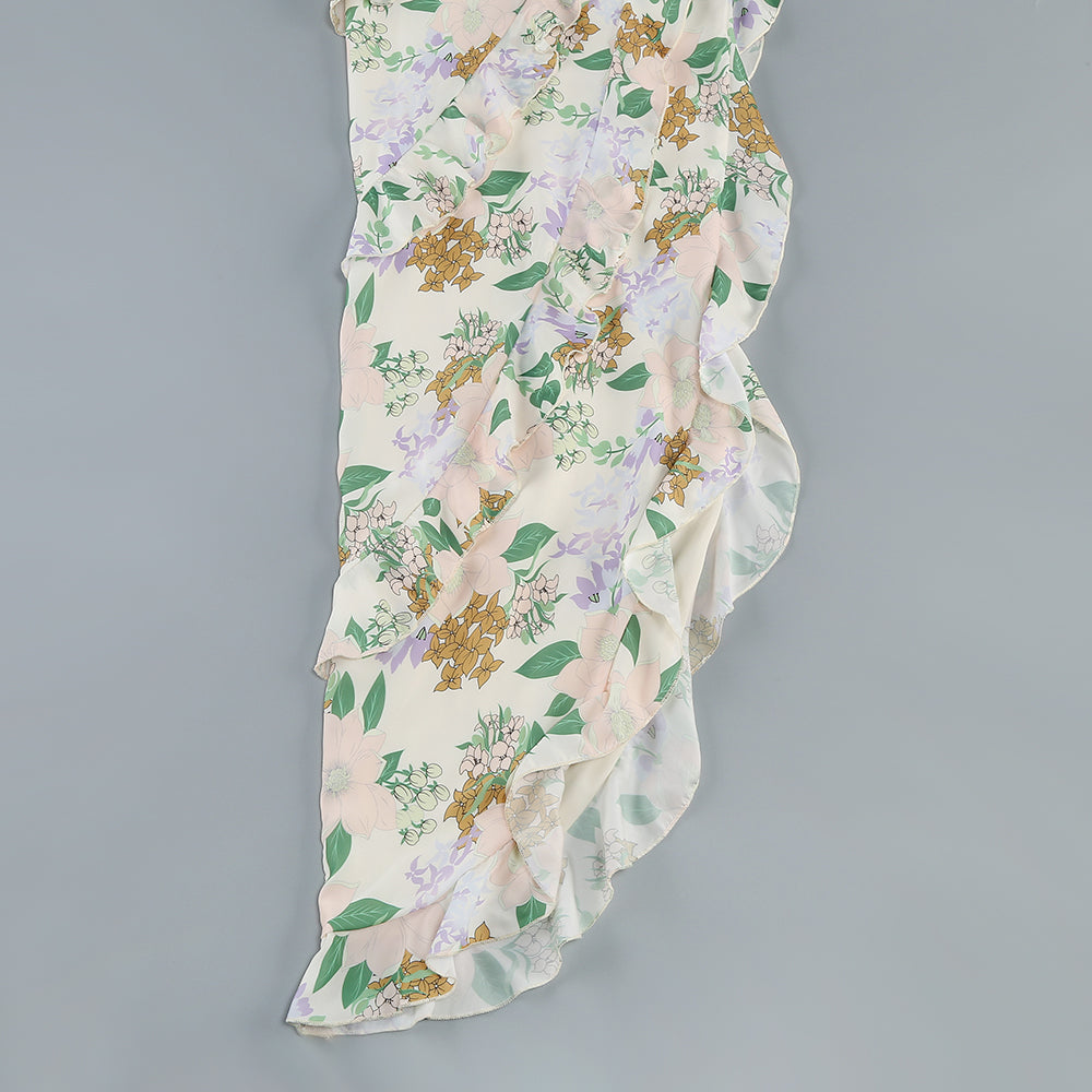 Asymmetrisches Maxikleid mit Rüschen und Blumenmuster in Beige