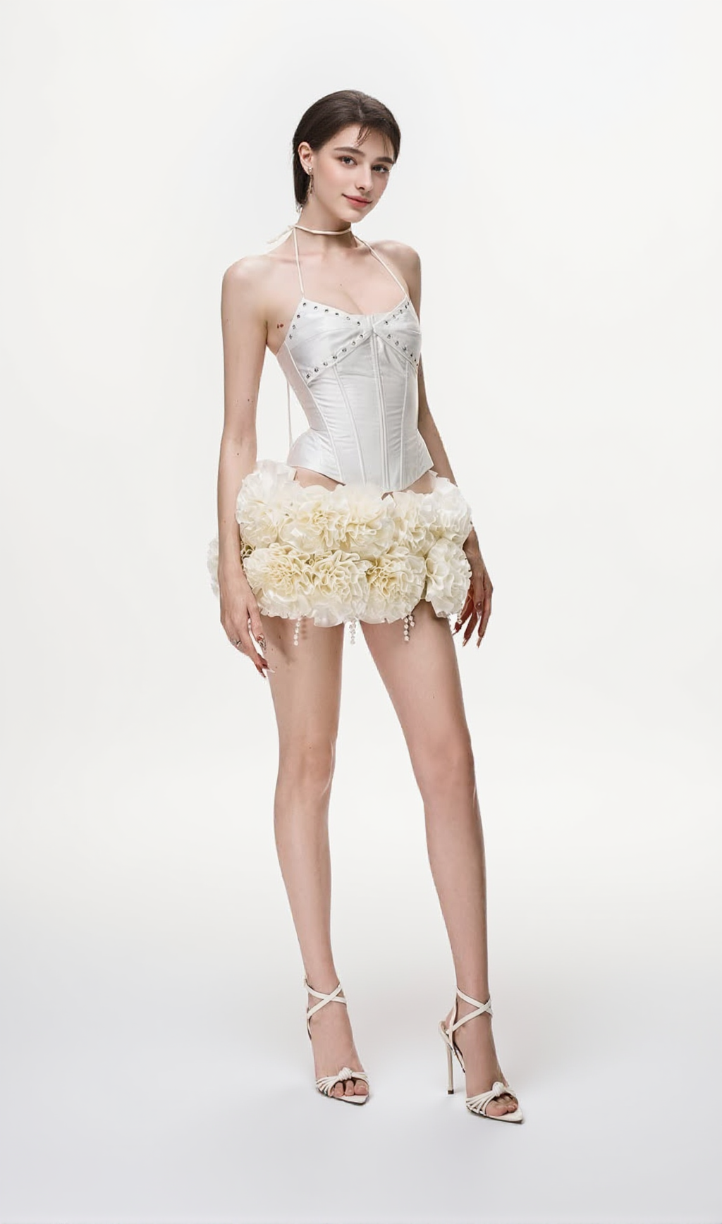 Orsolya Floral Pearl Corset Two Piece Set in Ivory