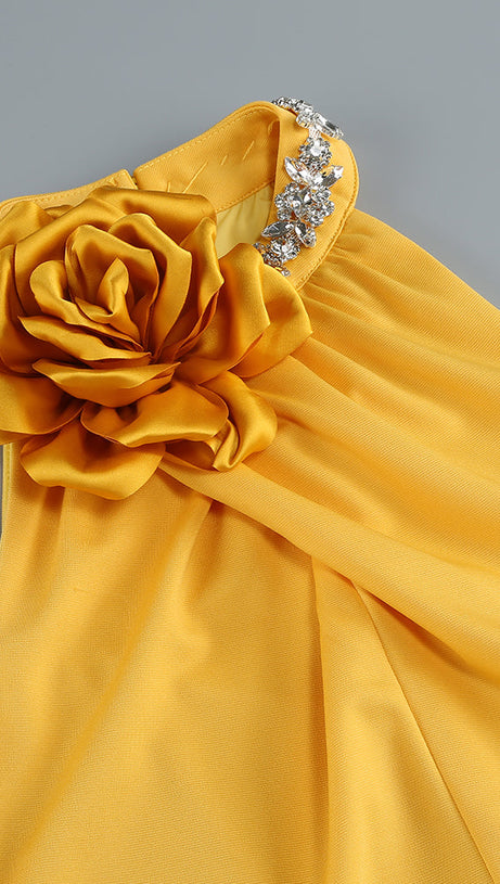 MAMIE HALTER FLORAL CRYSTAL MAXI DRESS IN YELLOW