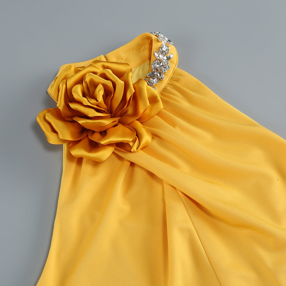 AIIZIE MAMIE HALTER FLORAL CRYSTAL MAXI DRESS IN YELLOW - product image