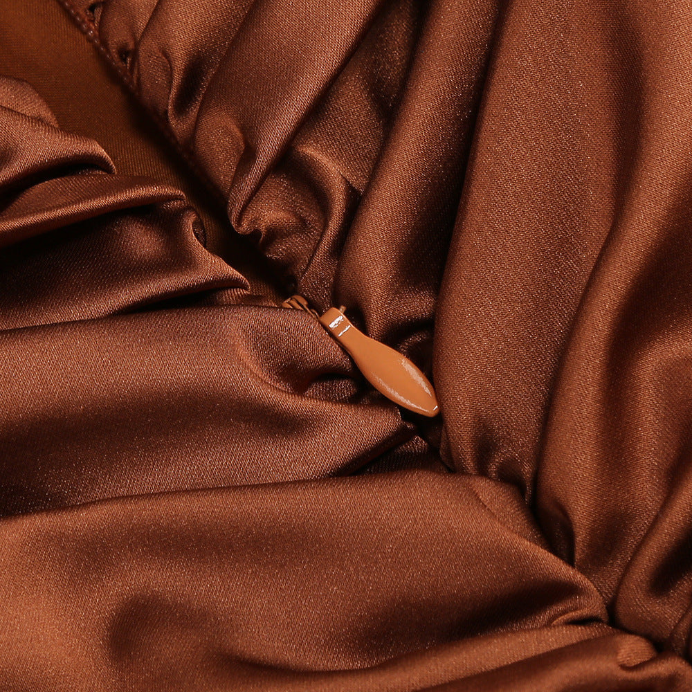 AIIZIE Jerom Opulent Brown Halter Ruched Mini Dress with Rosette Detail - product image
