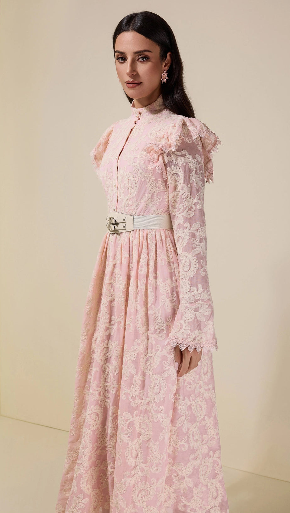 alma Chiffon Embroidered Single Breasted Midi Dress With Belt - pink