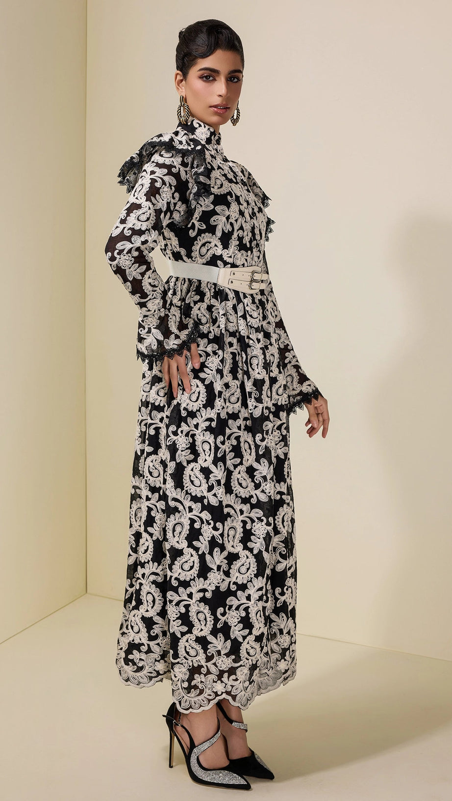 alma Chiffon Embroidered Single Breasted Midi Dress With Belt - black