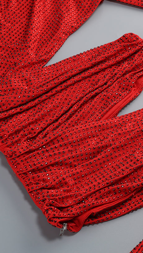 ONE-SHOULDER HOT DIAMOND HOLLOW IRREGULAR SLIT RED MAXI DRESS