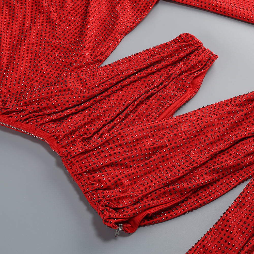 Rotes Maxikleid mit One-Shoulder-Ausschnitt, heißem Diamant-Hohlraum und unregelmäßigem Schlitz 