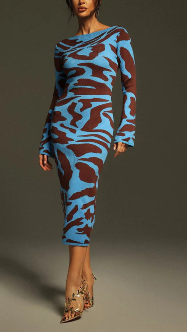 AIIZIE TAYSIA LONG SLEEVE LEOPARD KNITTED MIDI DRESS - product image