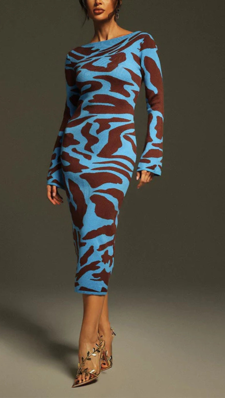 TAYSIA LONG SLEEVE LEOPARD KNITTED MIDI DRESS