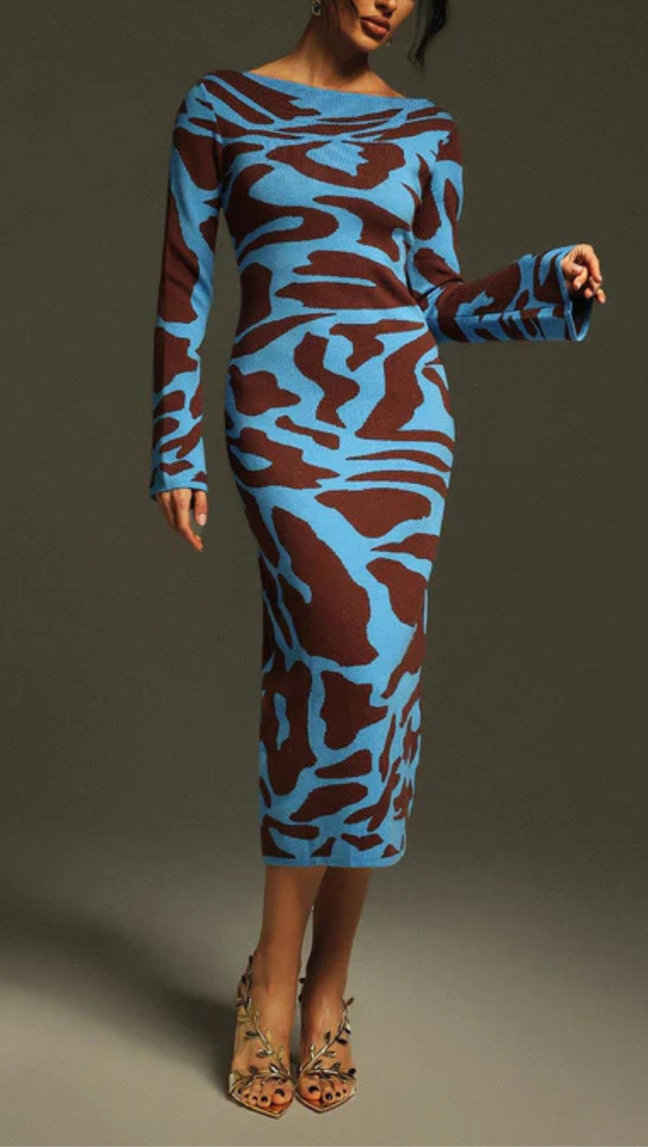 TAYSIA LONG SLEEVE LEOPARD KNITTED MIDI DRESS