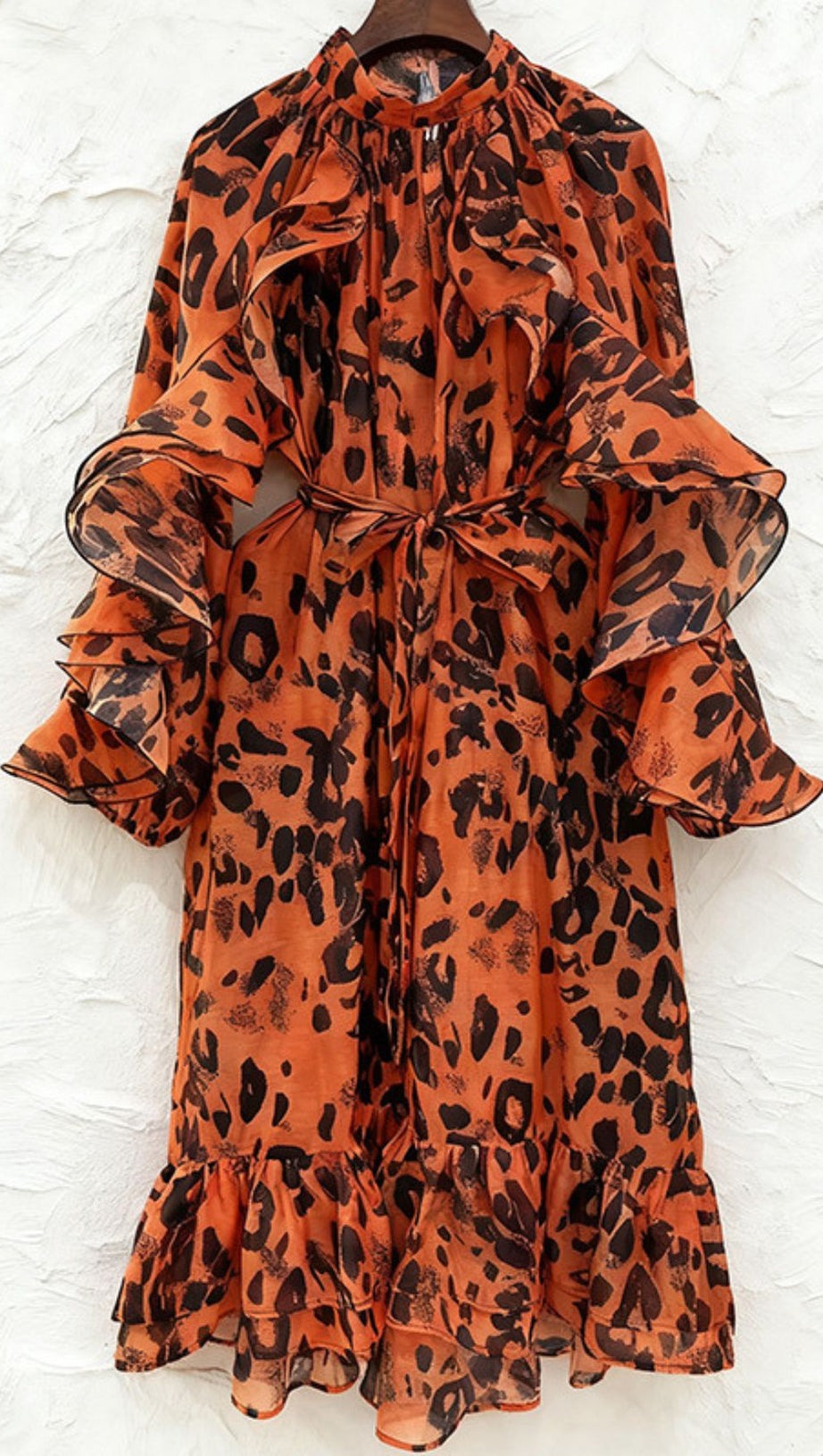 Chic Orange Leopard Ruffle Midi Dress | Long Sleeve Statement Style
