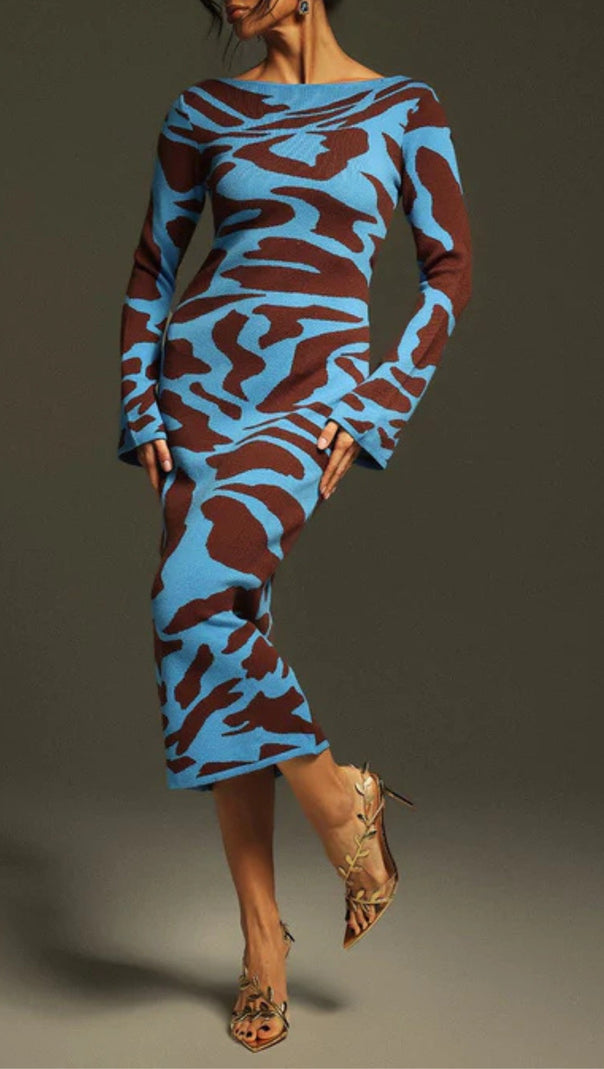 AIIZIE TAYSIA LONG SLEEVE LEOPARD KNITTED MIDI DRESS - product image