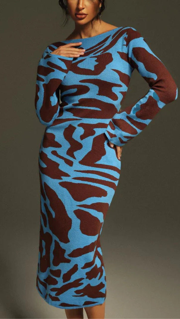 ABITO MIDI IN MAGLIA LEOPARDATA A MANICHE LUNGHE TAYSIA