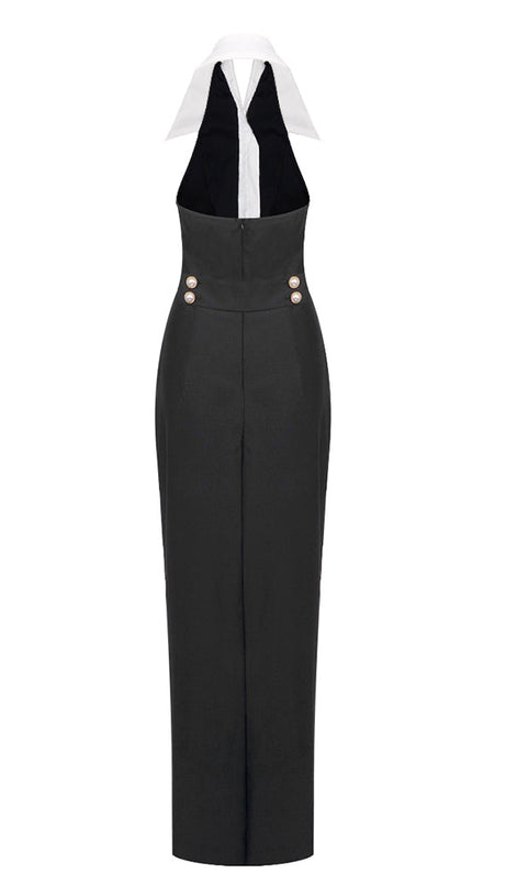 PEARL-BUTTON HALTER BLACK MAXI DRESS