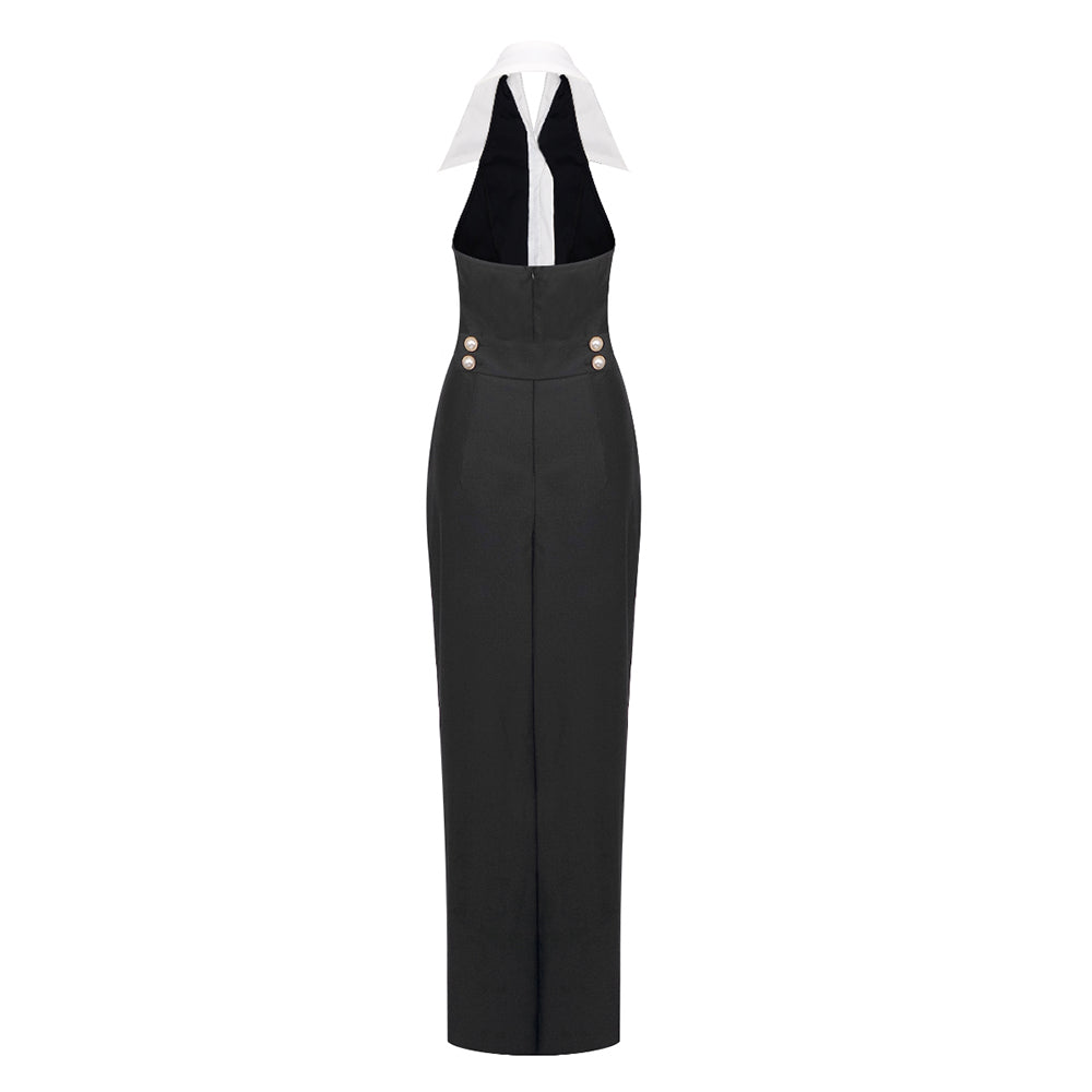 AIIZIE PEARL-BUTTON HALTER BLACK MAXI DRESS - product image