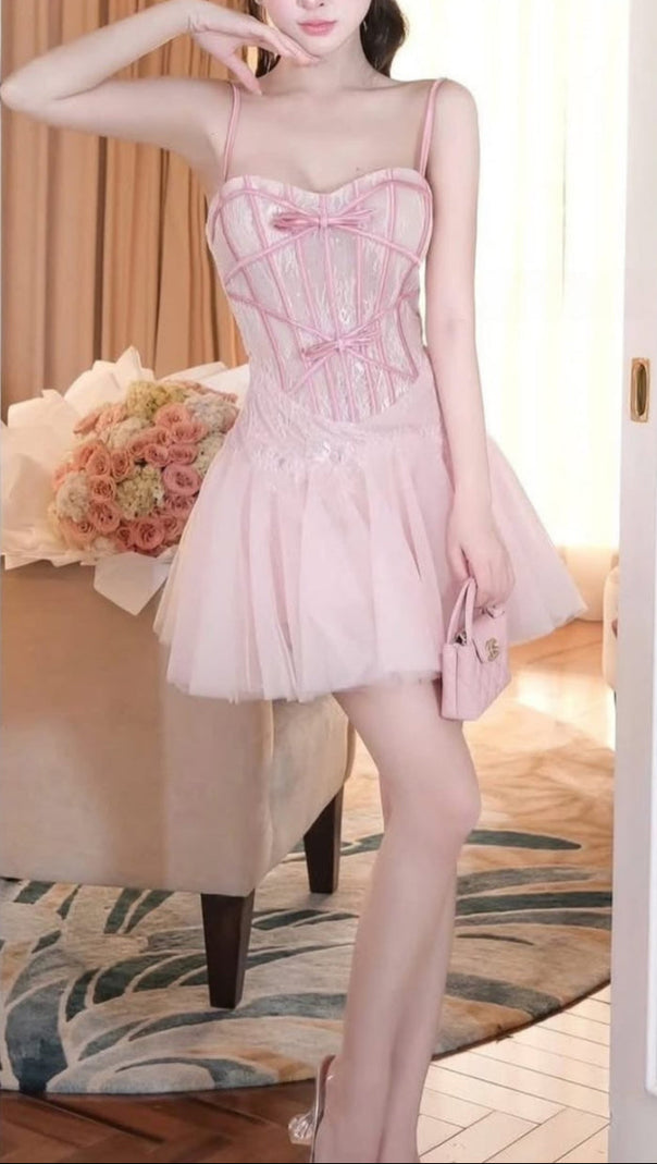AIIZIE BOW TULLE CORSET MINI DRESS IN PINK - product image