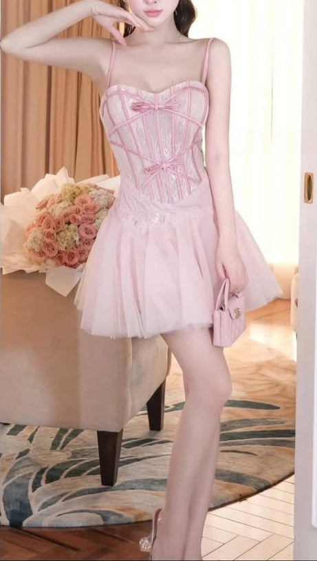 BOW TULLE CORSET MINI DRESS IN PINK
