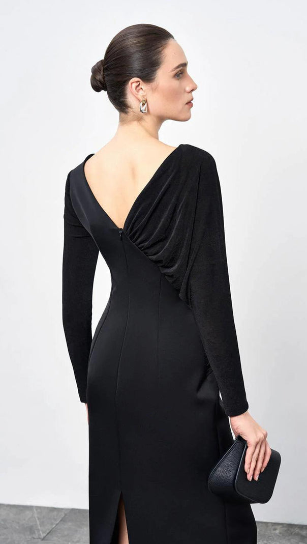 AIIZIE MIRABEL A-LINE BACK SLIT TAFFETA MIDI DRESS IN BLACK - product image