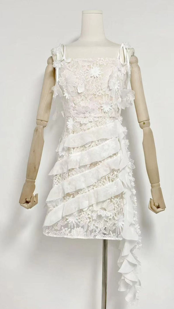 AIIZIE 3D FLORAL-EMBELLISHED LACE STRAPPY MINI DRESS IN WHITE - product image