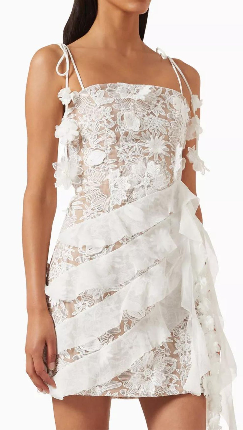3D FLORAL-EMBELLISHED LACE STRAPPY MINI DRESS IN WHITE