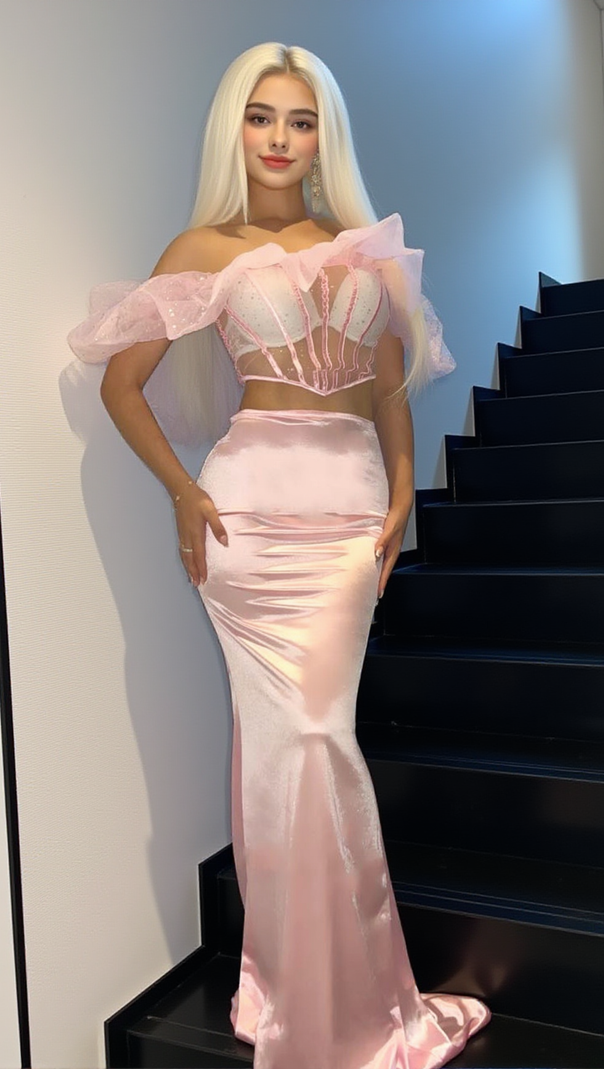 AIIZIE RUFFLE BARDOT CORSET TWO PIECE MAXI DRESS PINK - product image