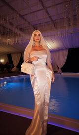 Brandina Satin Strapless Mermaid Maxi Dress In Beige
