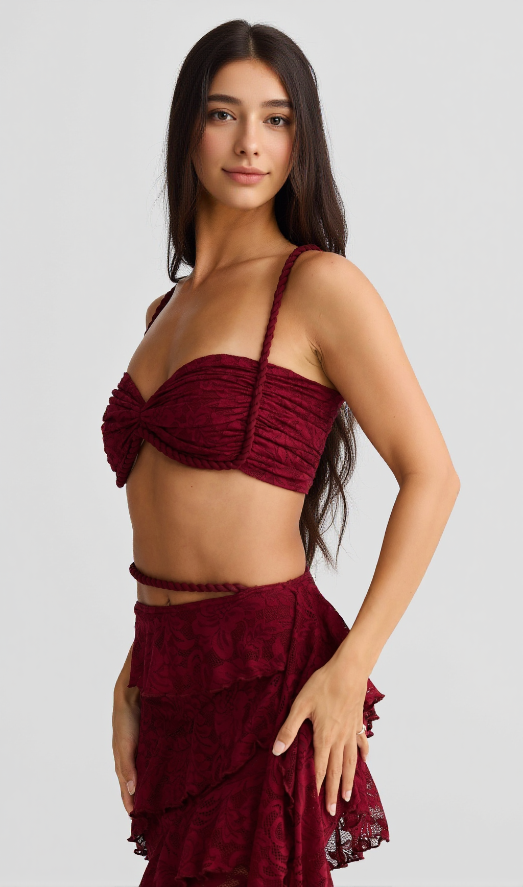 CRAFTED ROPE CROP TOP  LACE SKIRT SET IN BURGUNDY