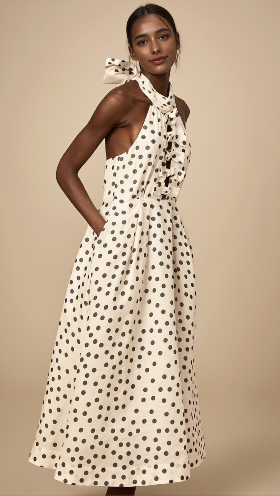 BOW POLKA DOT HALTER NECK MIDI DRESS IN WHITE