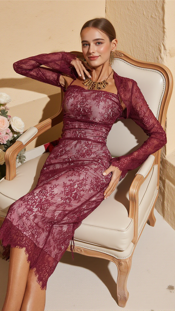 AIIZIE PEPITA SPAGHETTI LACE MIDI DRESS WITH SHRUG - product image