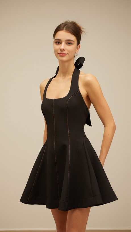 SANDY HALTERNECK BOW-EMBELLISHED MINI DRESS IN BLACK