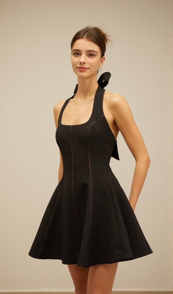SANDY HALTERNECK BOW-EMBELLISHED MINI DRESS IN BLACK