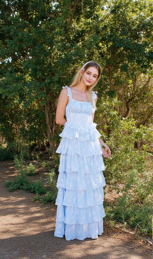 Light blue suspender cake maxi dress