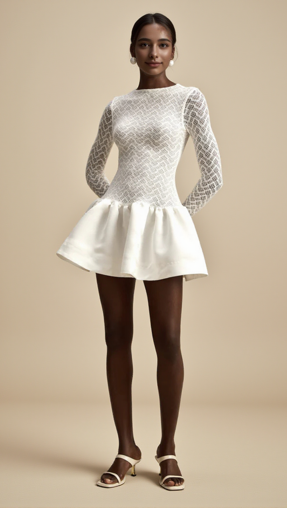 LACE PATCHWORK PUFF MINI DRESS IN WHITE