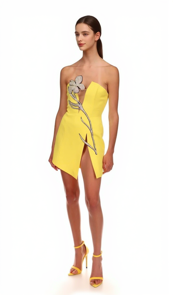 Tüll Mesh Blume heißes Diamantkleid schwerer Schlitz sexy Minikleid 