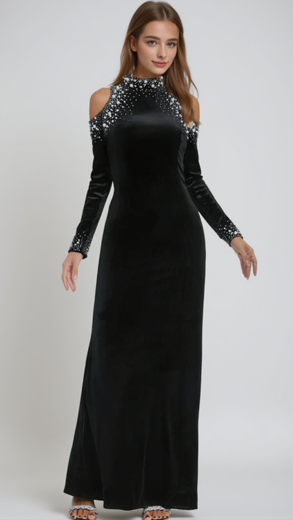 AIIZIE BARBARA SEQUIN EMBELLISHED LONG SLEEVE MAXI DRESS IN BLACK - product image