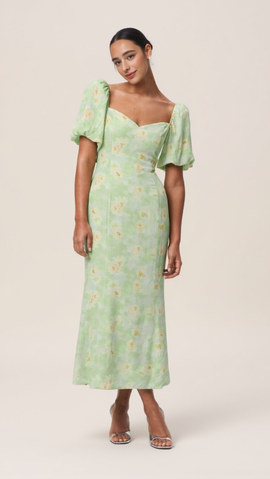 PUFF SLEEVE FLORAL SQUARE NECKLINE MIDI DRESS IN GREEN