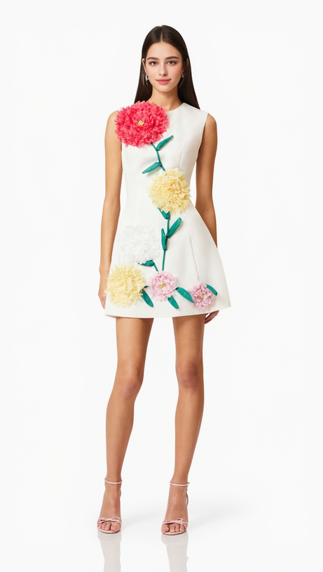 Minikleid mit Buttercup-Stickerei in Elfenbein