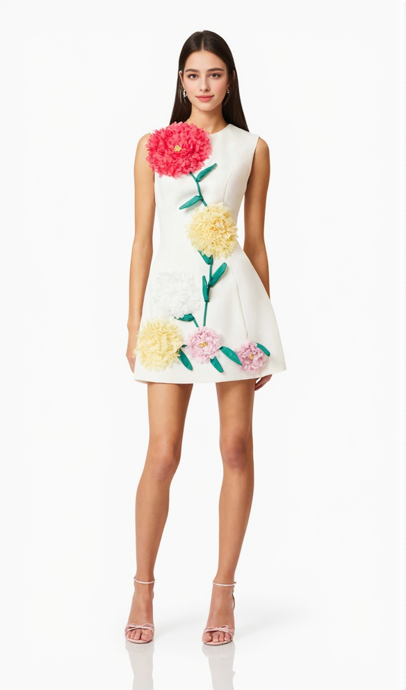 Buttercup Embroidered Mini Dress in Ivory